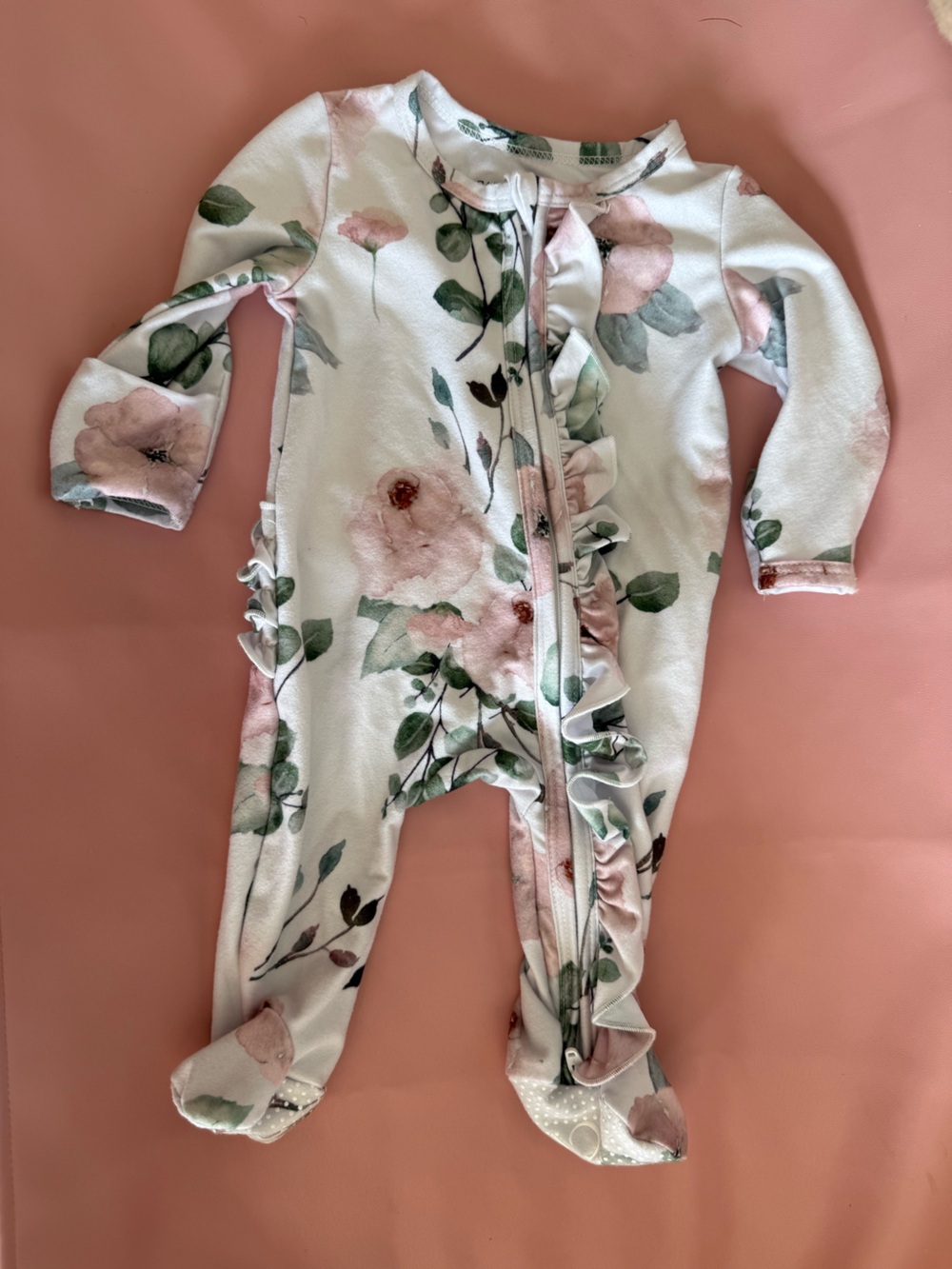 Caden Lane Pink & Green Floral Ruffle Footed One-Piece